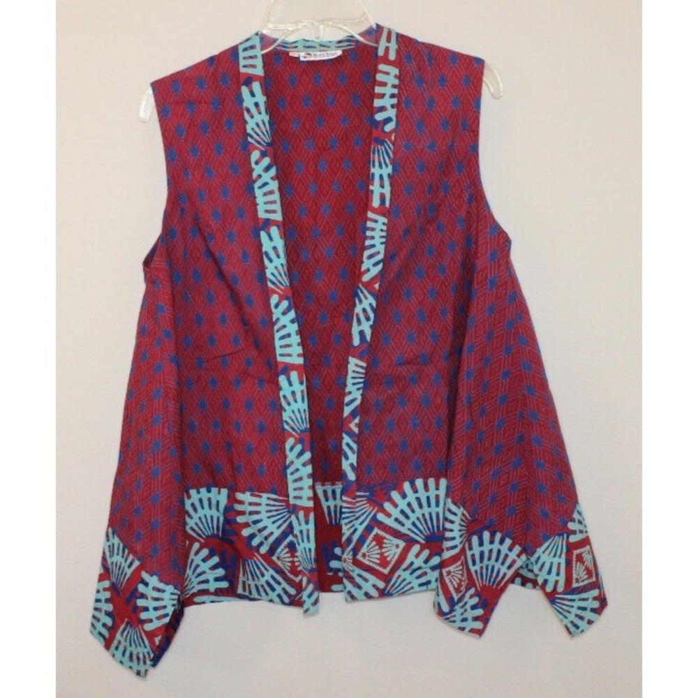 Batik Keris open front sleeveless vest Large 100% cotton wax process red blue